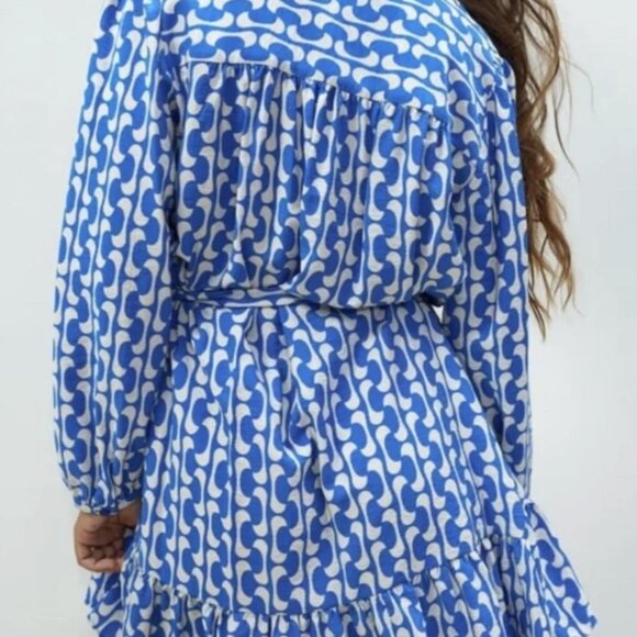 Zara Geometric Dress Long Sleeve Waist Tie Blue White Print Boho | Size XXL - Picture 4 of 12